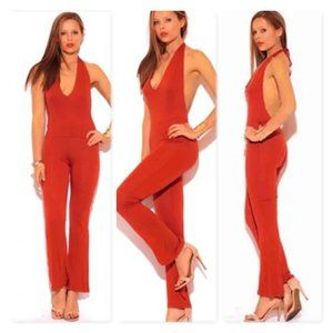 W by Wenjle Burnt Orange V Neck Halter Jumpsuit